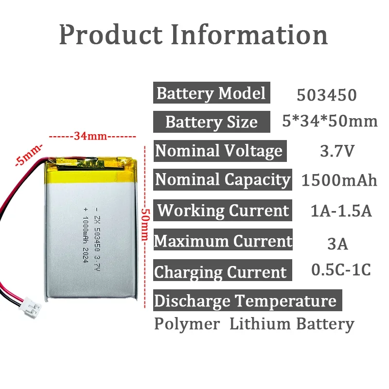 Rechargeable LiPo Battery 503450 1000mAh 3.7V PH2.0 2P Lithium Polymer Cell for Dash Cam LED Light Smart Lock