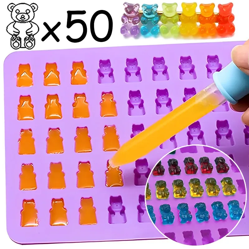 Candy Silicone Chocolate Mold Baking Supplies DIY Fudge Chocolate Candy Making Molds 50-cell Gummy Bear Mold with Dropper Pastry