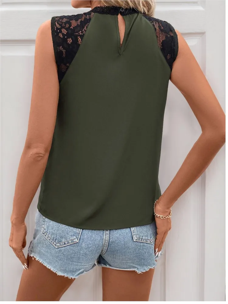 Women's Tank Blouses Summer Fashion Lace Top Elegant Half Turtle Collar Sleeveless Patchwork Shirts For Women Black Casual Shirt