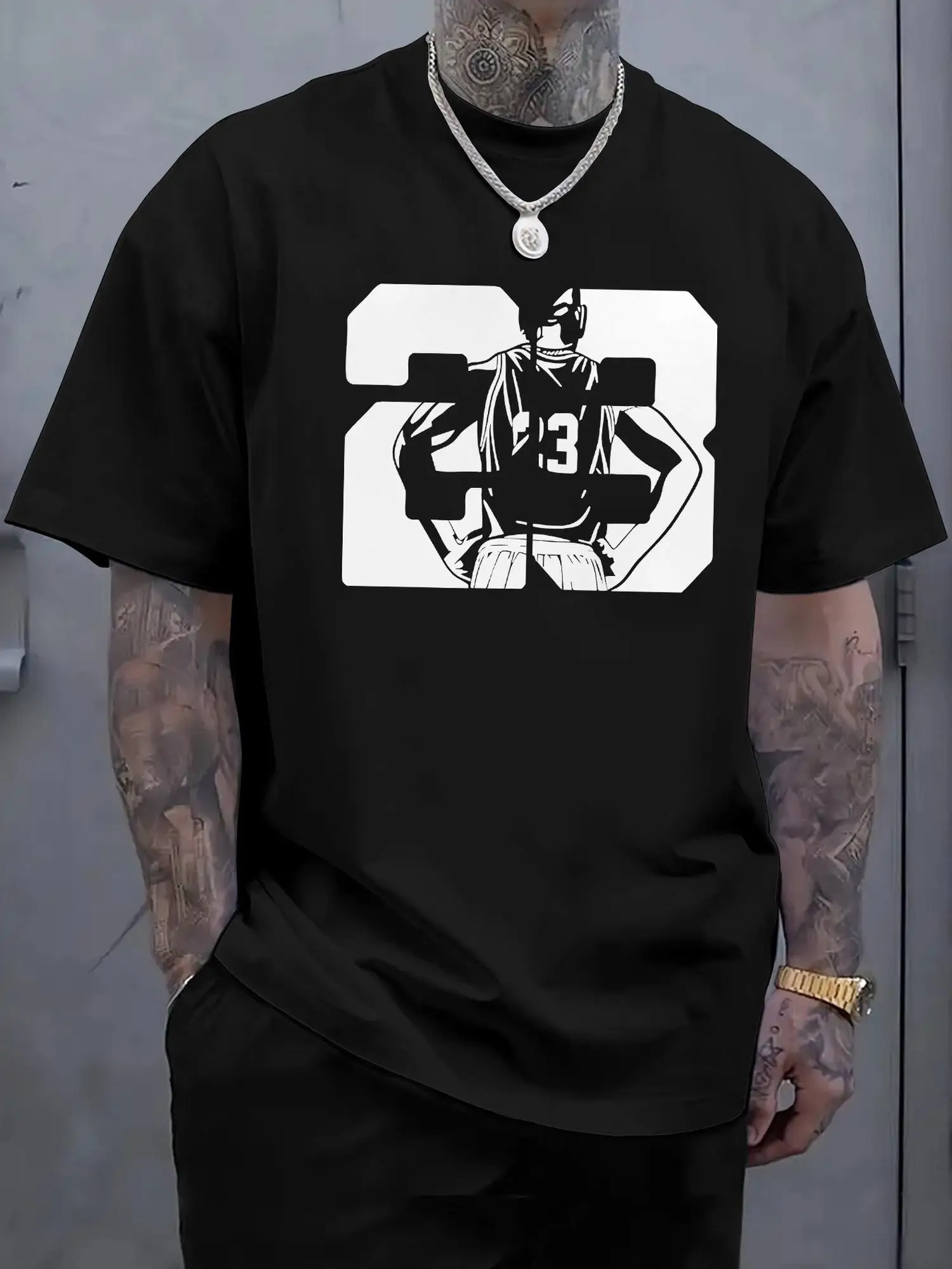 Men'S Graphic T-Shirt, Black with White Basketball Player Design, Featuring The Number 23, Trendy And Stylish, Perfect for Casual Wear, Great for Street Style Enthusiasts, Adds a Unique Touch to Your Outfit, Ideal for Layering Or Standing Alone