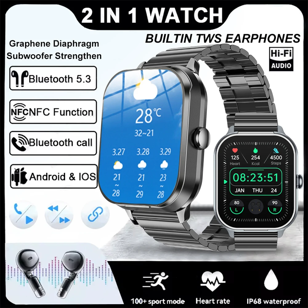GEJIAN 2025 جديد TWS 2 في 1 سماعات ساعة ذكية ساعة رجالي NFC معدل ضربات القلب مراقبة الأكسجين في الدم نظام تحديد المواقع مسار Smartwatch