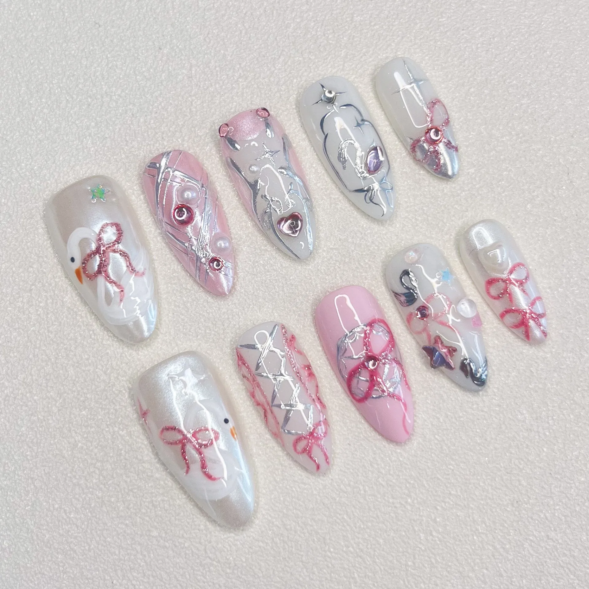Novo artesanal rosa pintado à mão série cisne falso prego manicure arco estilo imprensa em unhas decoração de unhas feminino enviar kit de unhas