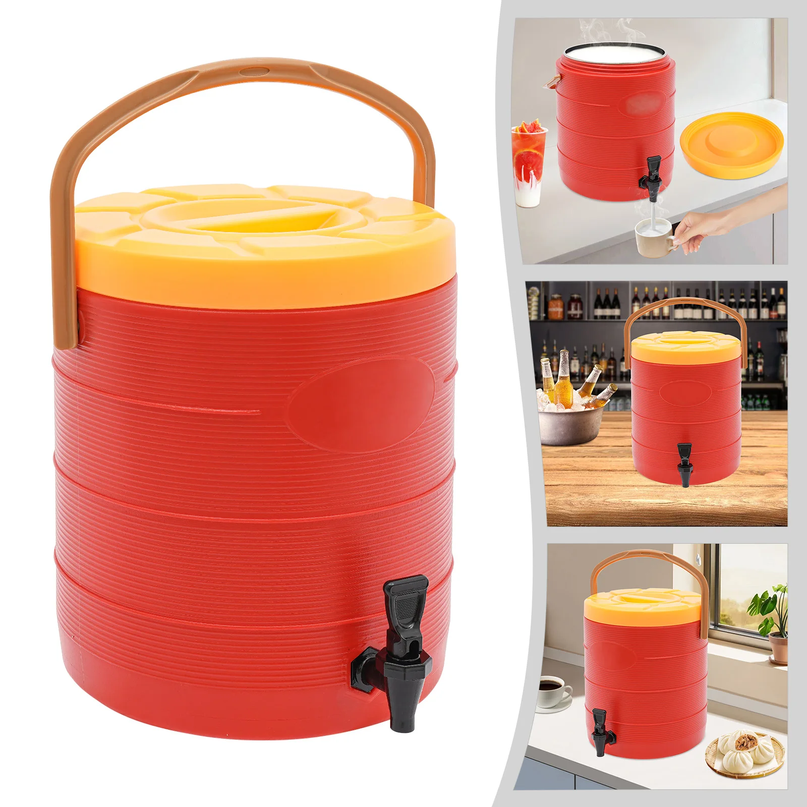 Dispensador de bebidas aislado de acero inoxidable de 25L, contenedor aislado cilíndrico rojo/marrón/azul con grifo para cantinas escolares