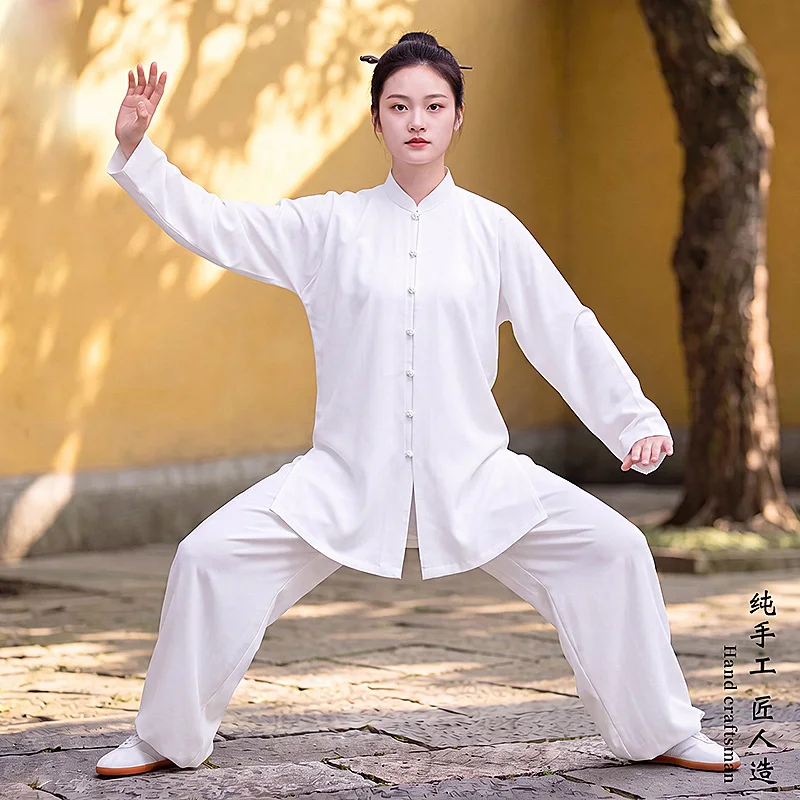 Tai Chi Uniform Spring Autumn New Chinese Style Kung Fu Practice Men Women Team Competition Show Tri Color Linen Frog Button Set