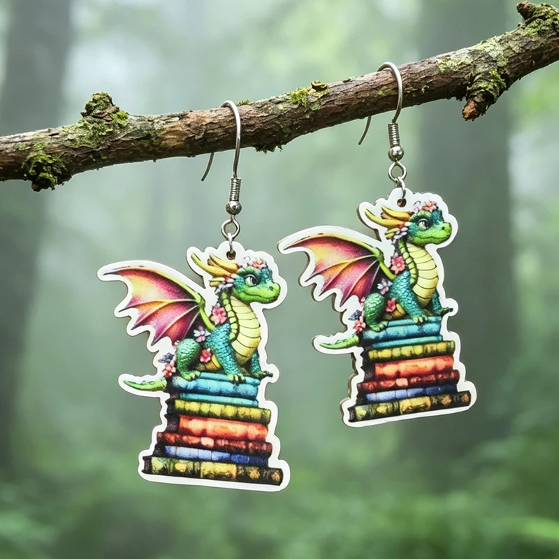Floral Dragon Book Stack Dangle Earrings Book Lover Teacher Back To School Jewelry Gift For Bookworm Readers Librarian