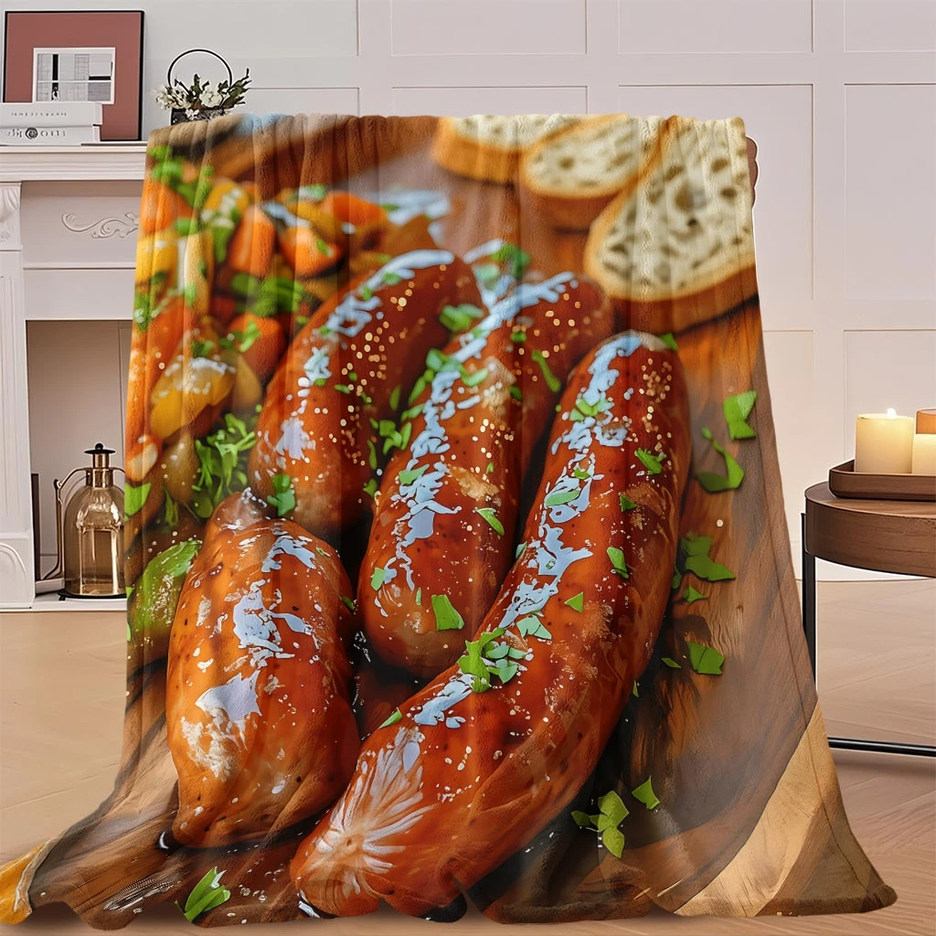 Sausage and Vegetable Pattern Throw Blanket - Creative Food Motif Soft Lightweight Accent for Sofa Bed Travel Office Gift