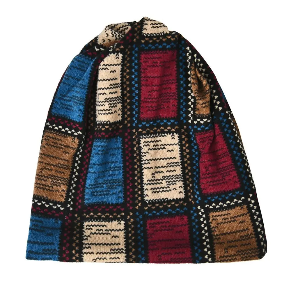 Contrasting Colors Pullover Hat Plaid Print Scarf Pullover Hat Casual Hedging Cap Multifunctional Keep Warm Women's Pile Hat