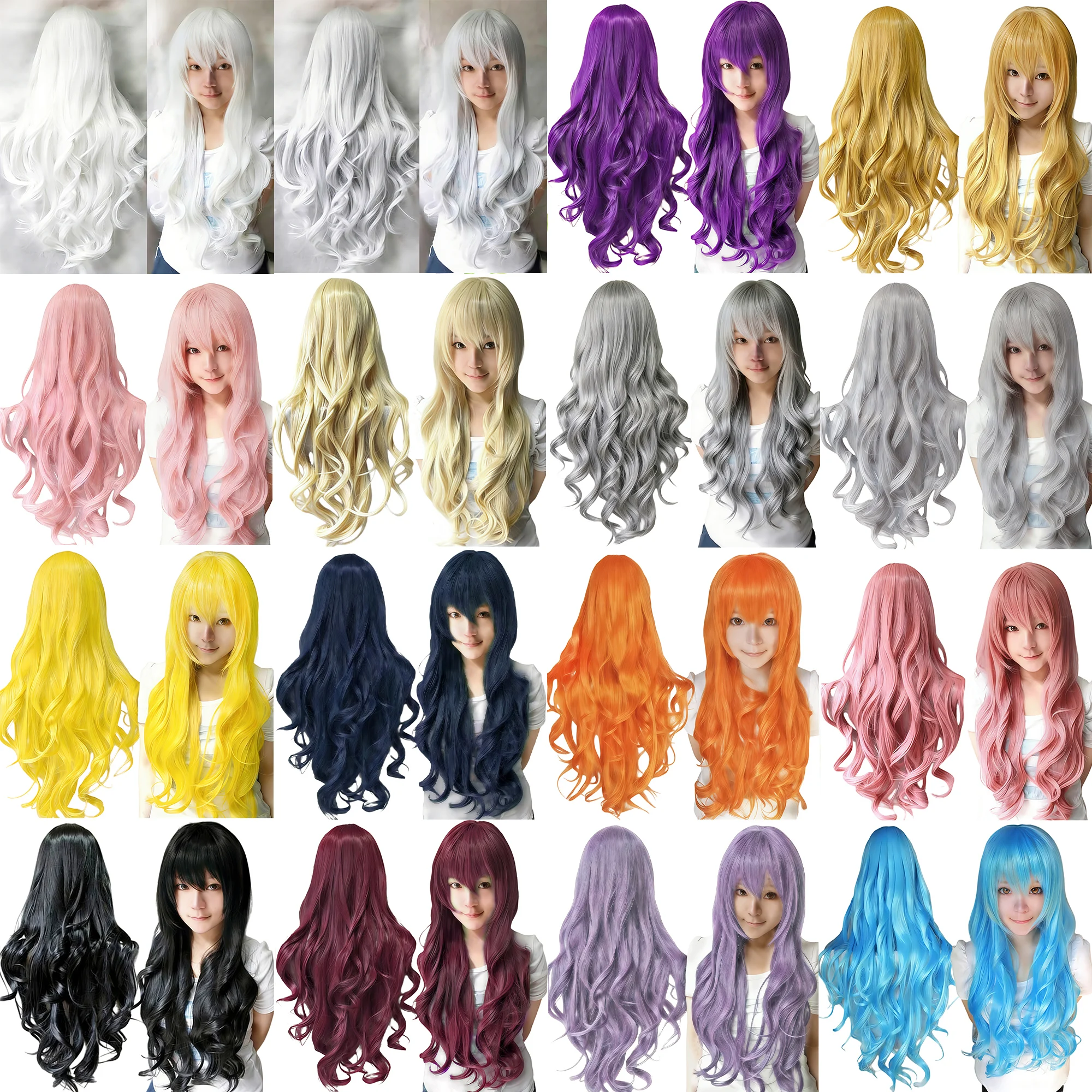 Synthetic Hair Long White Cosplay Wig Purple Hair Gray Curly Black Lolita Wig Hairpiece Pink Bangs Wig for Women