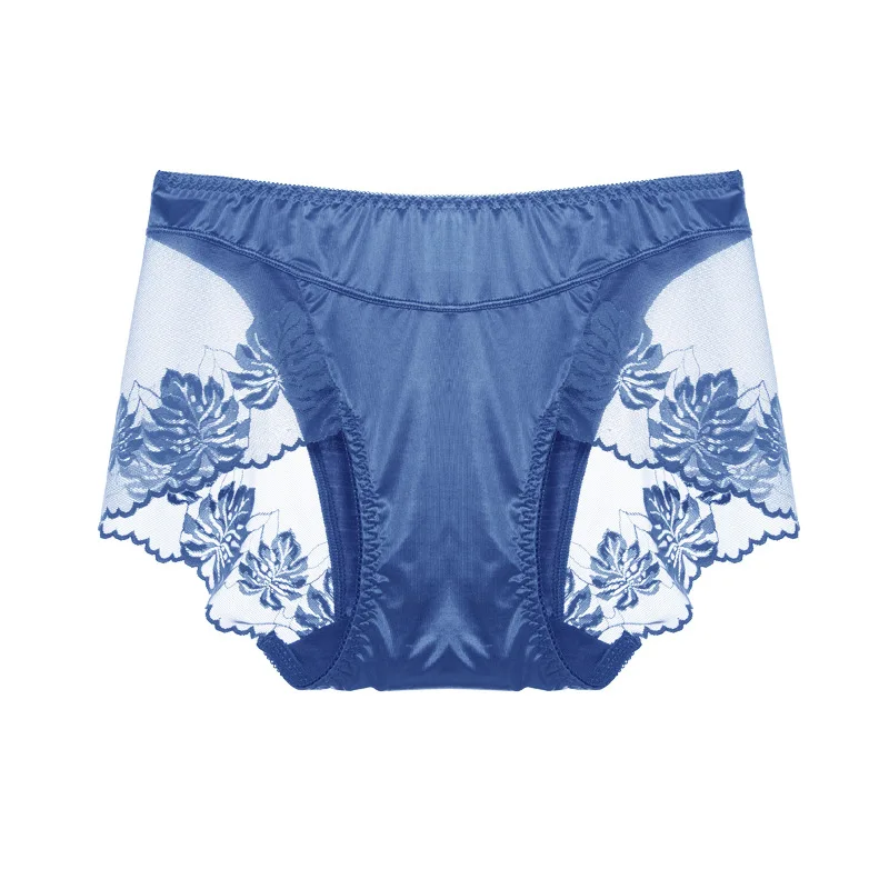 Women Satin Luxury Style Exquisite Flower Sexy Transparent Lace Panties Elasticity Breathable Middle Waist Underwear Breifs