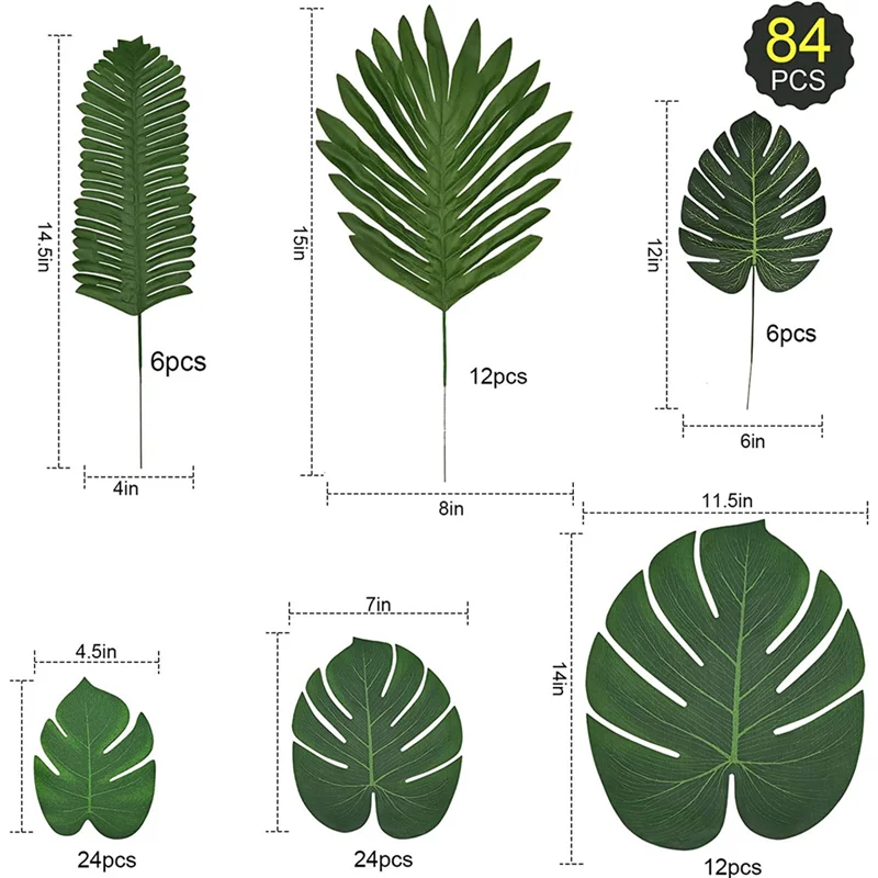 Hojas de palma artificiales de Monstera Tropical, decoración de hojas de jungla, hojas de palma con tallos, 84 piezas, 6 tipos