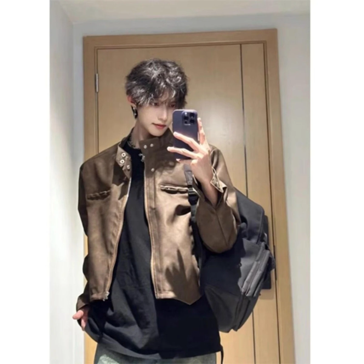 

Loose Fit Men's Jaet 2024 Autumn Faion Street Sle Harajuku Korean Version Casual Haome Outerwear Polyester Material