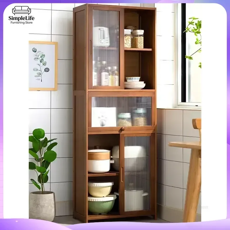 Modern Minimalist Kitchen Cabinet Dustproof Bidirectional Sliding Door Sideboard Bamboo Storage Cabinet Dining Room Buffet