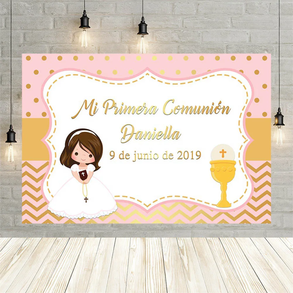 My First Communion Decor Backdrop Boy Girls Party Christening Gold Cross Angel Baby Shower Photography Background Custom Name