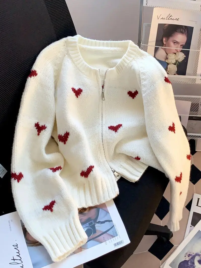 

Women's Sweetheart Zip-Up Knit Cardigan White with Red Hearts Pattern Lightweight Casual Daily Wear Pullover Loose Fit Jacket​
