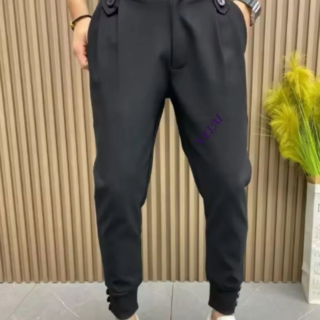 Customized Slim Fit Plus Big Size Tressed Men's Summer Pants Cropped Male Suit Trousers Korean Style Clothes Slacks  Forma