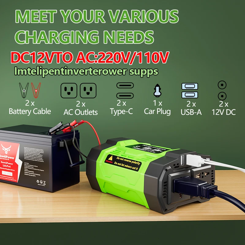2000W high-power power inverter 12V to 220V 110V 2 USB 2 C-type 25W port soft key switch mute fan 8 protection LCD display