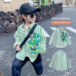 2-7Yrs Toddler Baby Boys Shirts Spring and Autumn 2023 New Children's Fall Stripes Handsome Infant Kid Boys Dinosaur Shirt Top