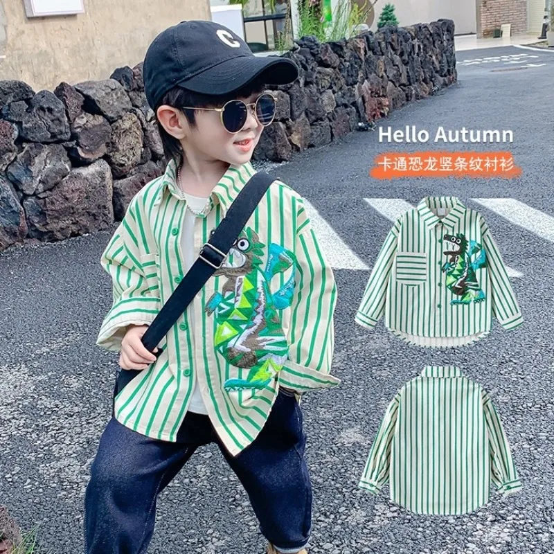 2-7Yrs Toddler Baby Boys Shirts Spring and Autumn 2026 New Children's Fall Stripes Handsome Infant Kid Boys Dinosaur Shirt Top
