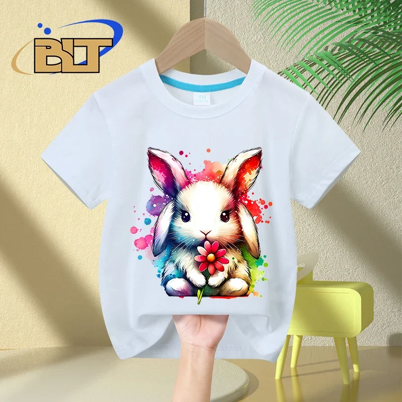 T-shirt de manga curta para menino e menina, top casual de algodão coelhinho, verão