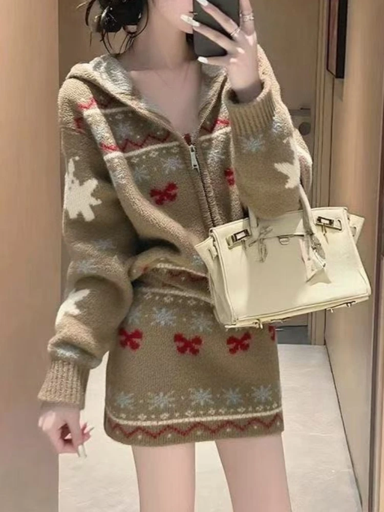 فرنسا نمط خمر منقوشة مقنعين مجموعات المرأة موضة سترة متماسكة + الحلو ألف خط تنورة دعوى عادية قطعتين مجموعة شتاء جديد #4