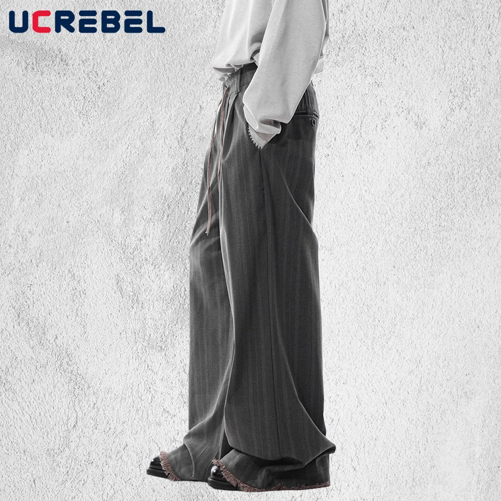 مخطط البدلة السراويل الرجال الخام حافة الرجعية شارع العليا فضفاض واسعة الساق الرباط عارضة السراويل رجل #2