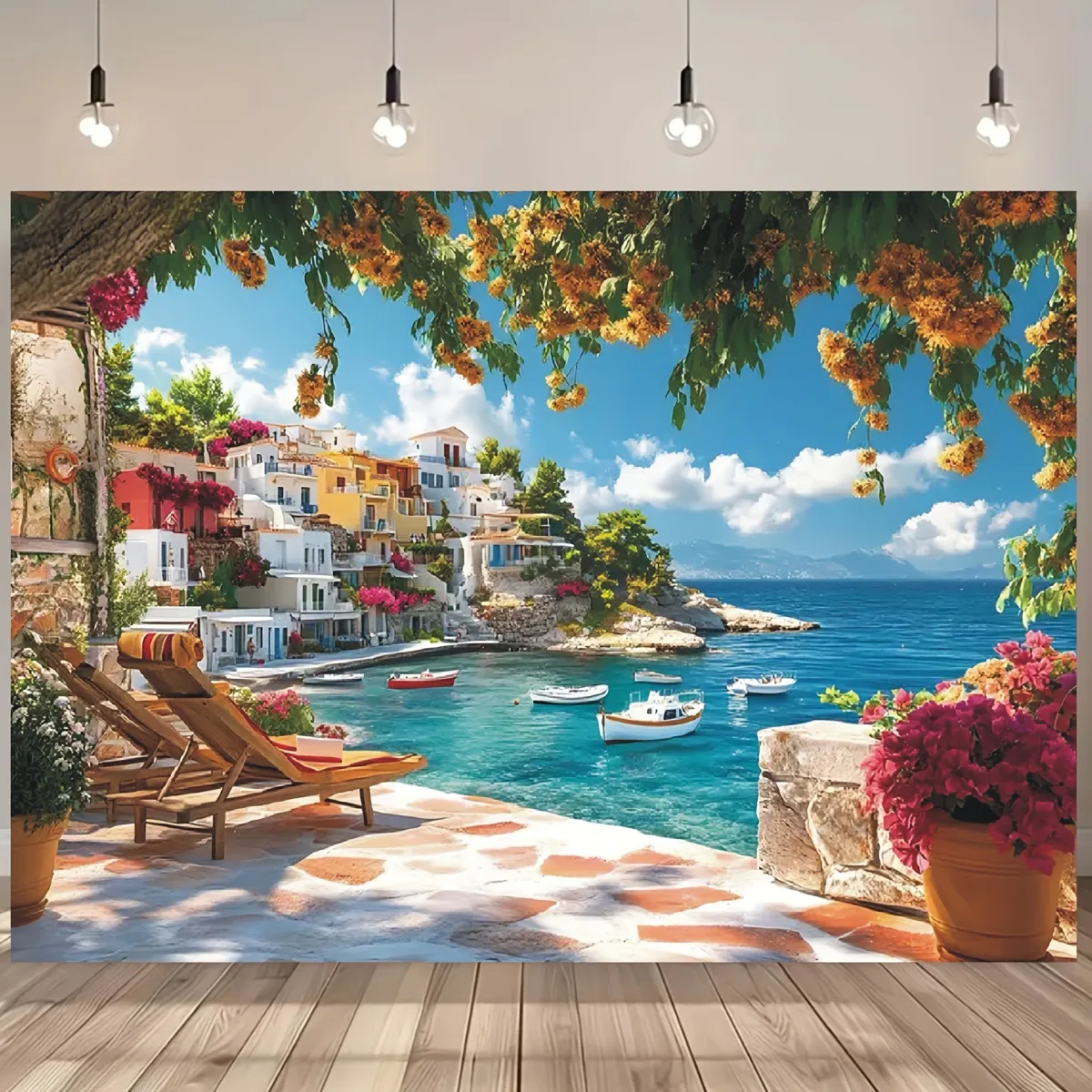 Large Mediterranean Wall Tapestry Mural Greek Coastal Village Summer Vacation Seaside Resort Home Decor Art