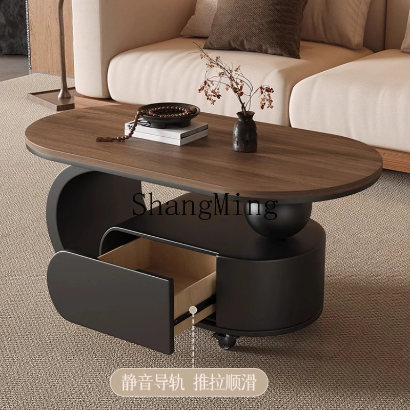 

ZYY retro style movable coffee table household living room small apartment sofa side storage solid wood cart