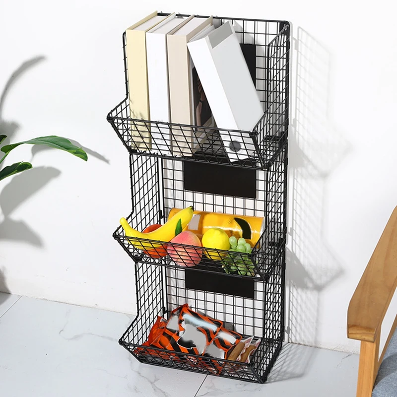 Simple Wrought Iron Fruit Basket Shelf Accessories Multi-Layer Diagonal Blue Shelf Living Room Storage Black Grid Racks