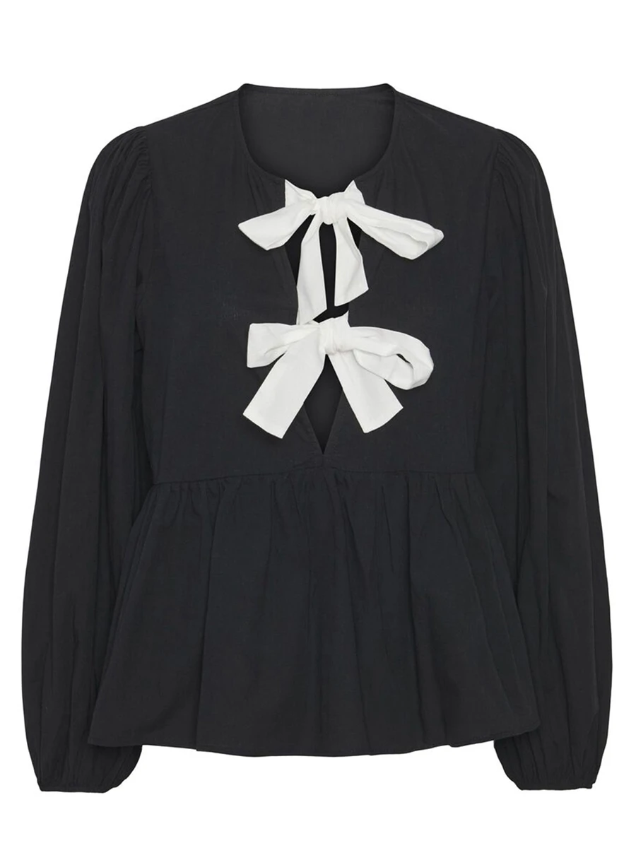 여성용 캐주얼 셔츠, 긴팔 O넥, 활 넥타이, 앞면 베이비 인형 상의, 용수철 가을