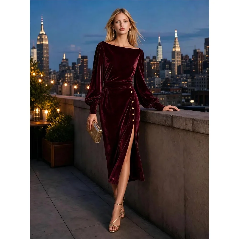 Women Elegant Vintage Velvet Boat Neck Bishop Sleeve Gold Button Midi Dress Loose Fit Soft Breathable Flattering Comfy Party New