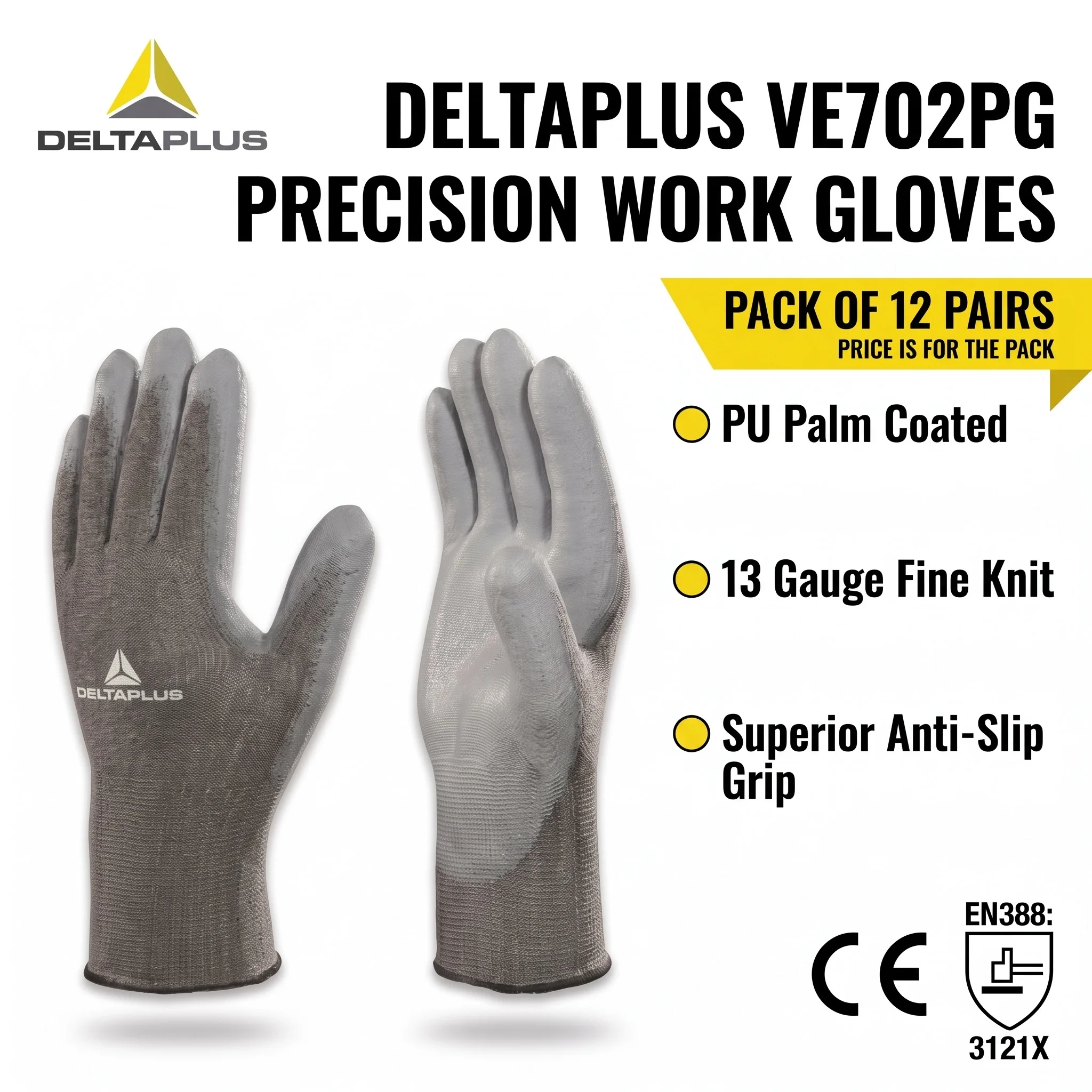 DELTAPLUS VE702PG PU Coated Work Gloves Fine Handling Flexible Dipped Foam Safety PPE Utility Gloves for Work Guantes de Trabajo