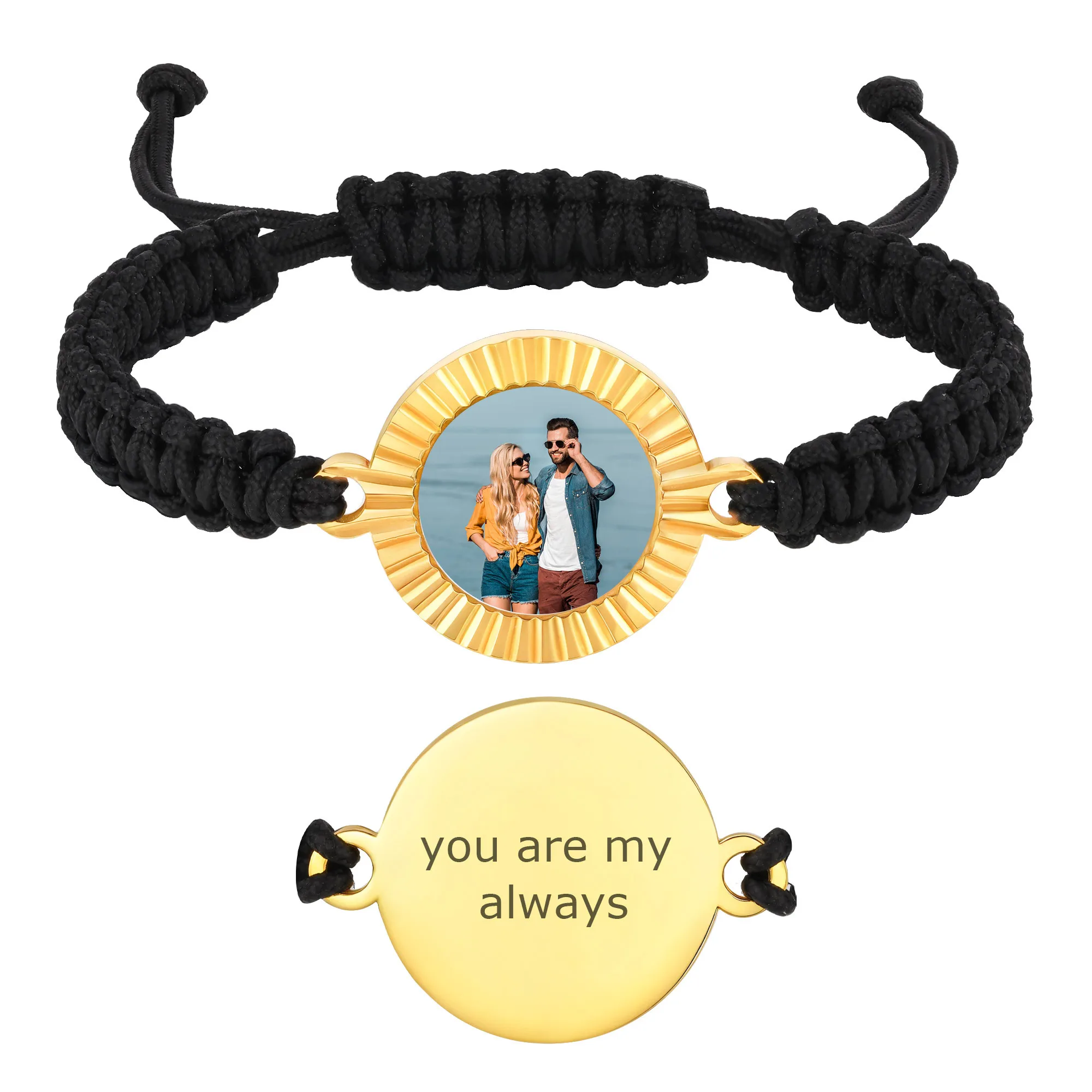 

Custom Picture Black Woven Bracelet for Men,Stainless Steel Batch Flower Corrosion Round Wristband,Anniversary's Day Father Gift
