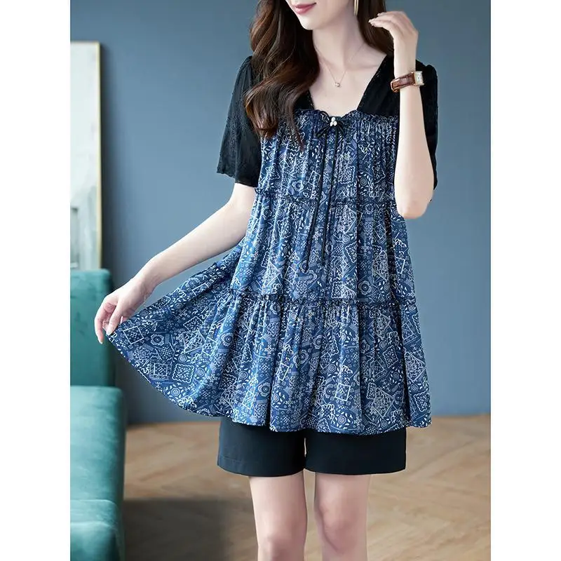 

Square Neck Fake Two Piece Lace Trim Chiffon Blouse Summer Short Sleeve Loose Slimming Top
