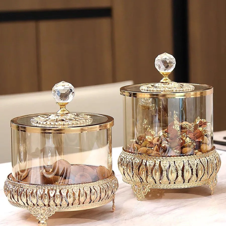 1PCS European style light luxury glass candy jar, luxurious storage jar, glass crafts decoration ornament,