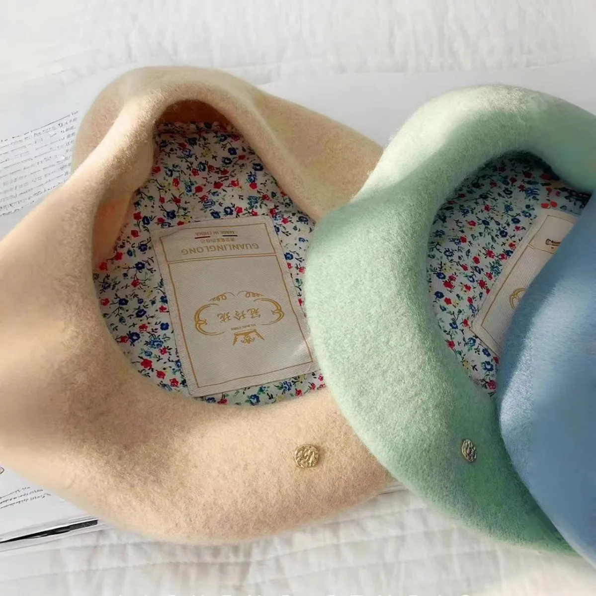 Premium Loose Cream Green 100% Australian Wool Beret Female Korean Blogger Fever with Warm Bud Painter Hat Tide
