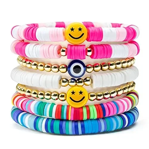 Surfer Bracelets Set Colorful Preppy Happy Smile Evil Eye Beaded Stretch Clay Stackable Bangles Summer Beach Jewelry Girls