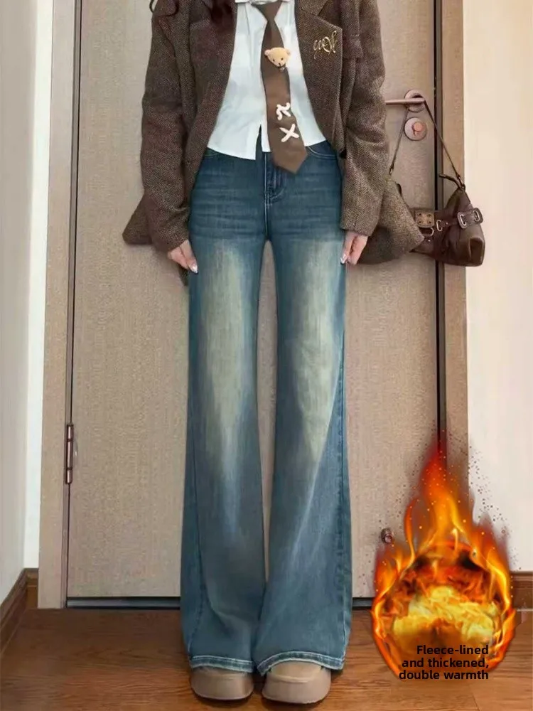 

Большие размеры Fce Lined Thiened Micro Flared Джинсы женские зимние с высокой талией для похудения эластичные прямые брюки с широкими штанинами...