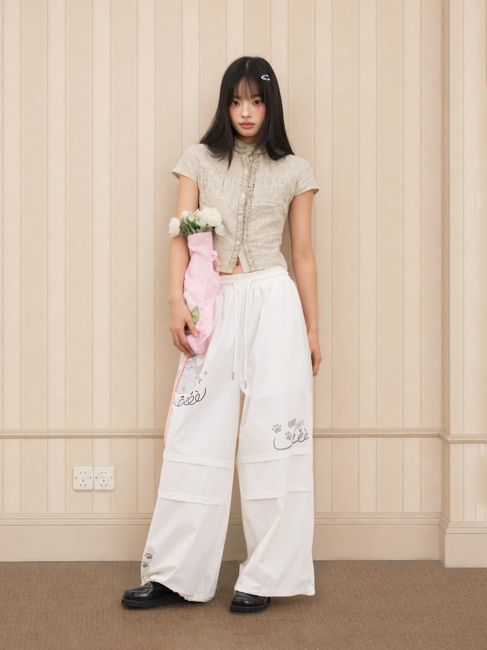 Angel Fat Orange Eeee Graffiti  Fun Print Casual Pants Straight Leg Elastic Waist Drawstring Long Trousers Unisex