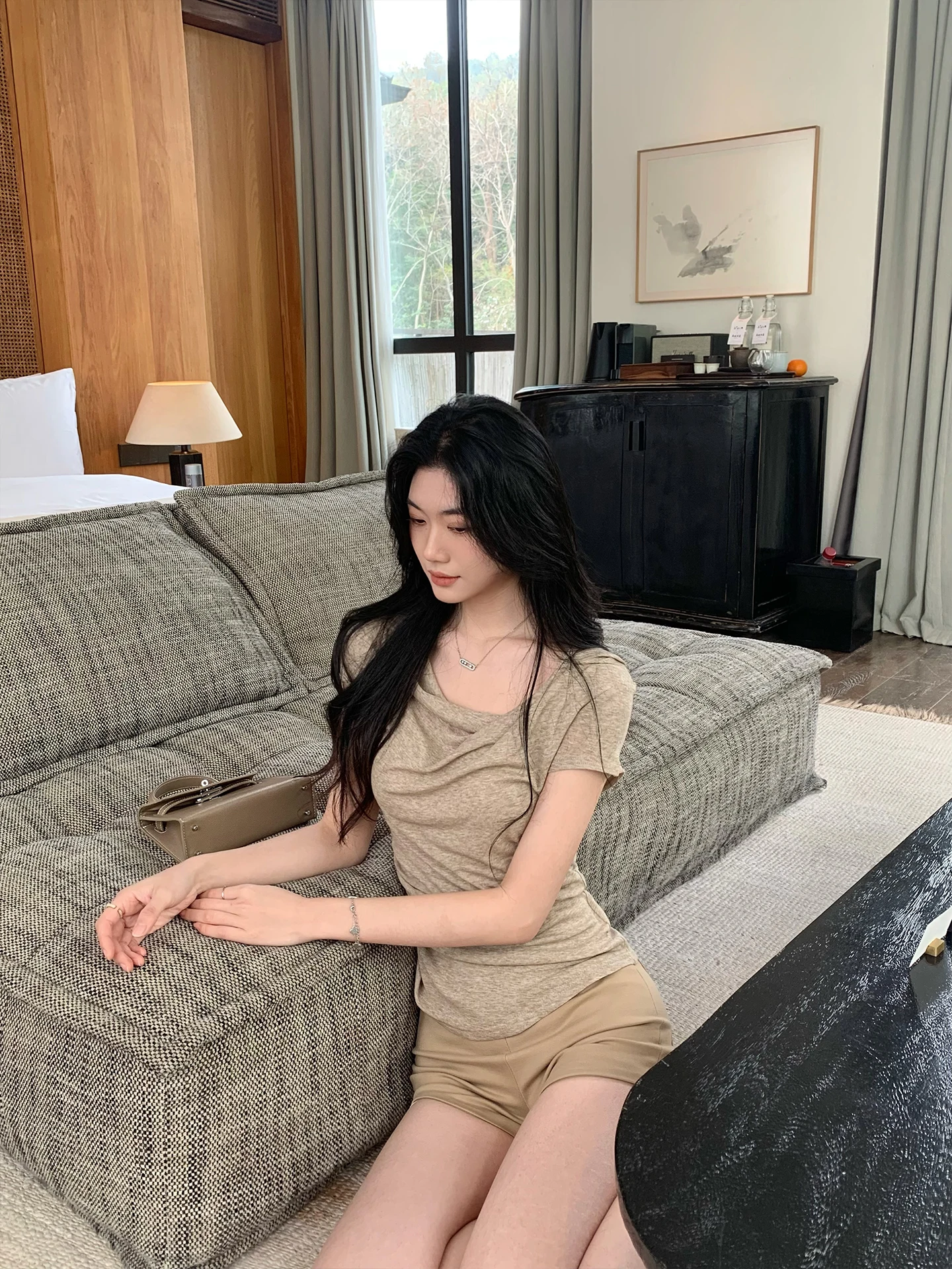 

Norain No Rain Elastic Knitted Short Sleeve T-Shirt Women's Loose Fit Neck Swing Top Summer Clean Fit Asymmetric Regular Length