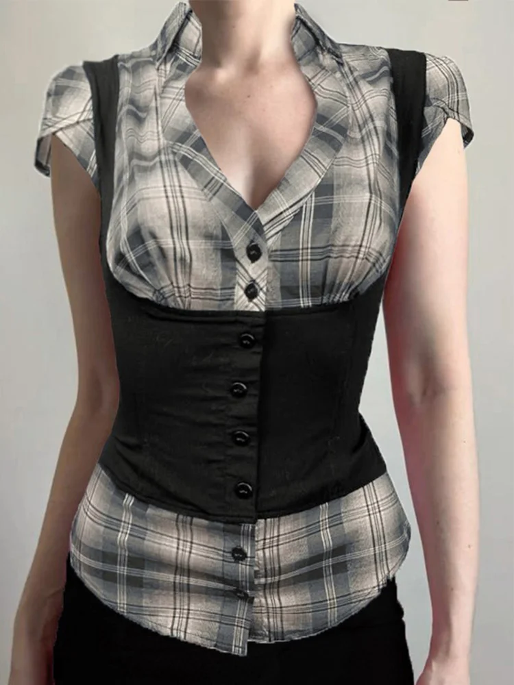Women Grunge Harajuku Sexy Sweet Girl  Daily Plaid Patchwork Lapel Collar Cap Sleeve Button‑Front Slim Fit Fitted Top
