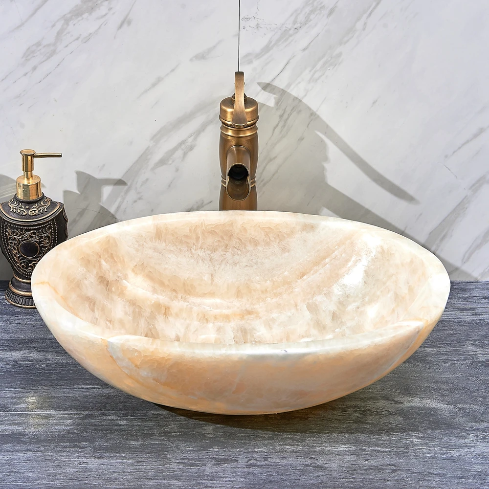 %r Oval Shape Natural Marble Stone Yellow Onyx Bowl Sinks Vessel Basins Table Counter Top Bathroom Hand Wash Sink Wash Basin