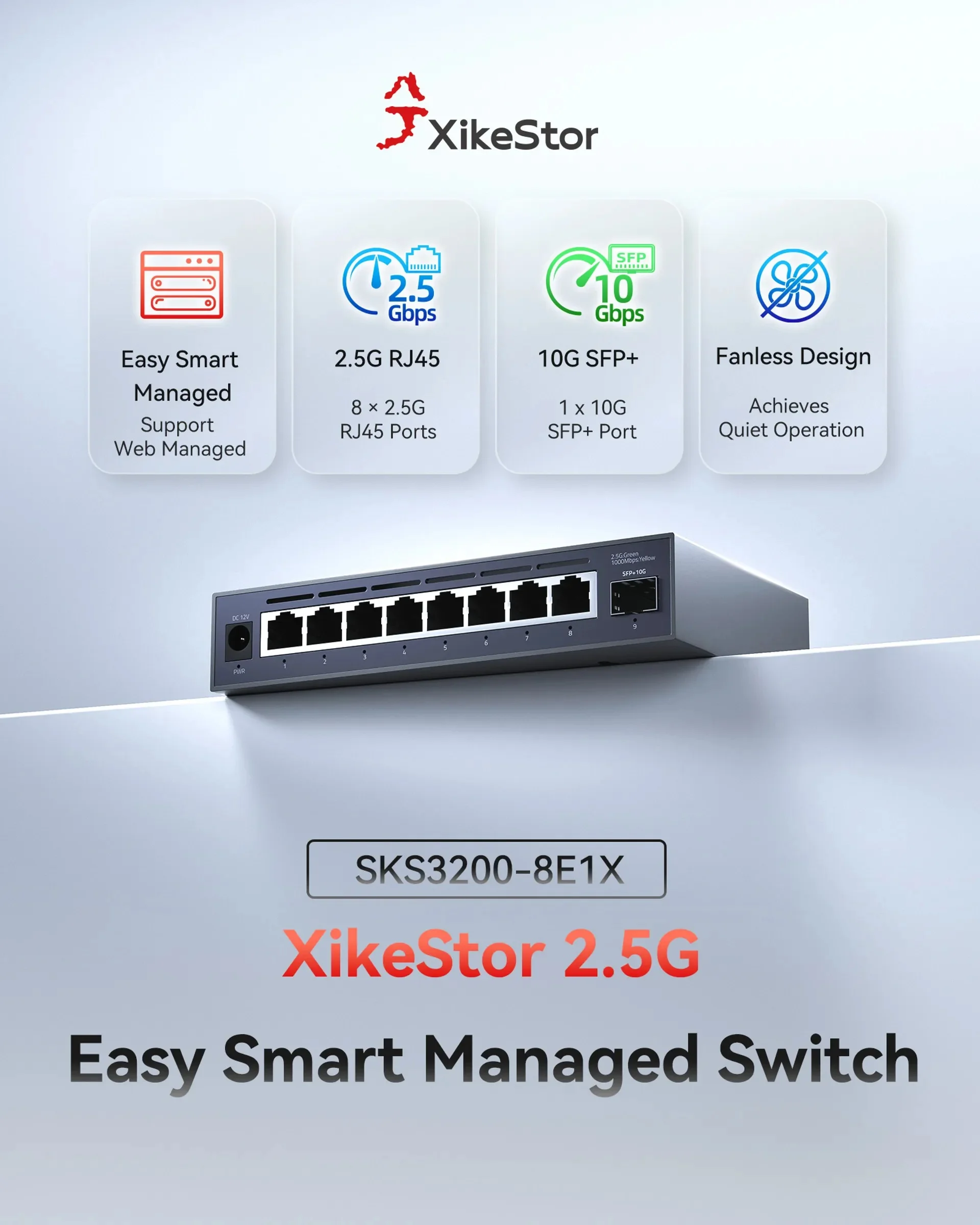 XikeStor SKS3200-8E1X 8 Port 2.5G Smart Managed Ethernet Switch with 1x10G SFP+ Uplink VLAN LACP QoS Fanless for NAS Home Lab