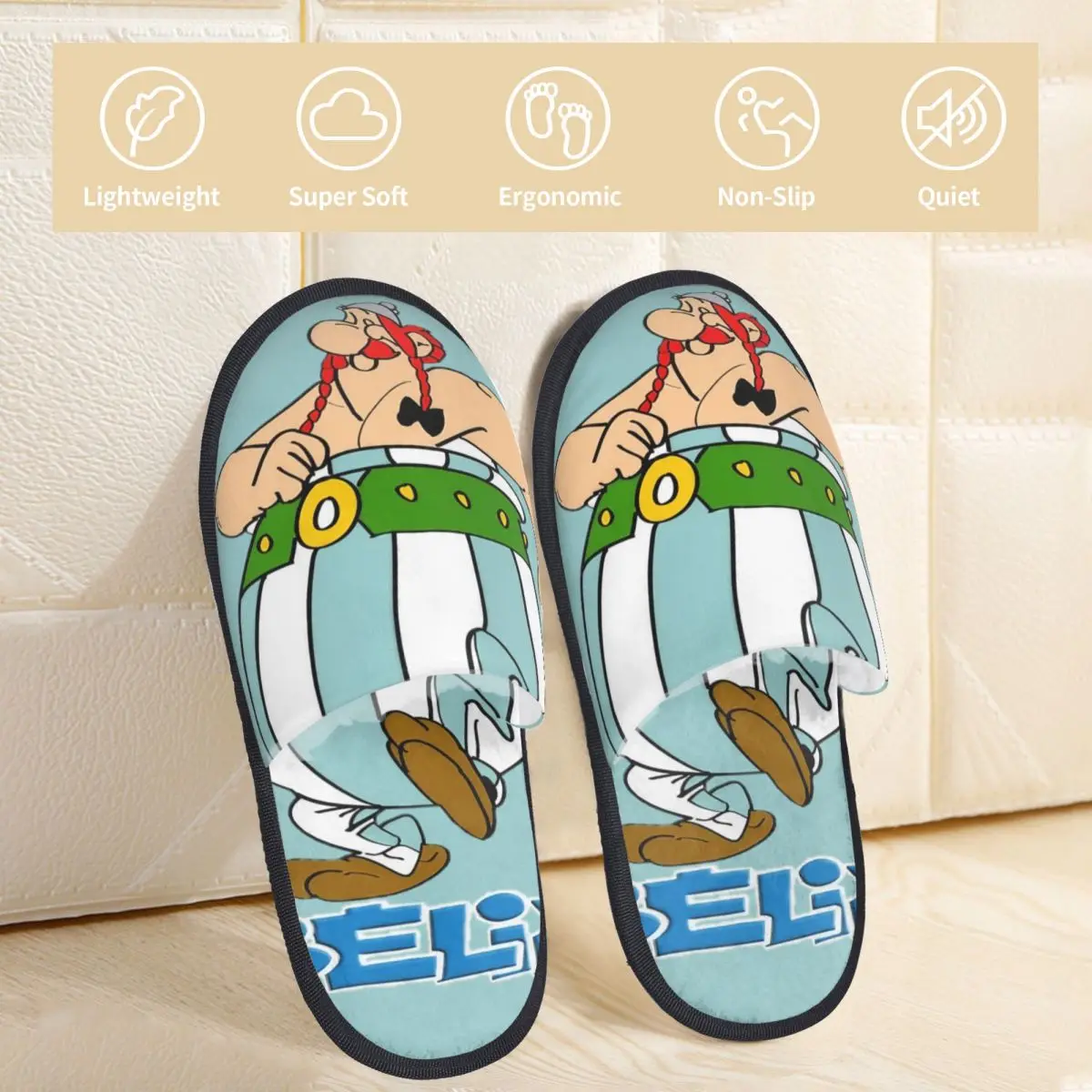 Women Winter Home Cotton Slippers Asterix-and-Obelix Merch Household Fur Slides Slippers Bedroom 80s Comic Cozy Non-skid Slides