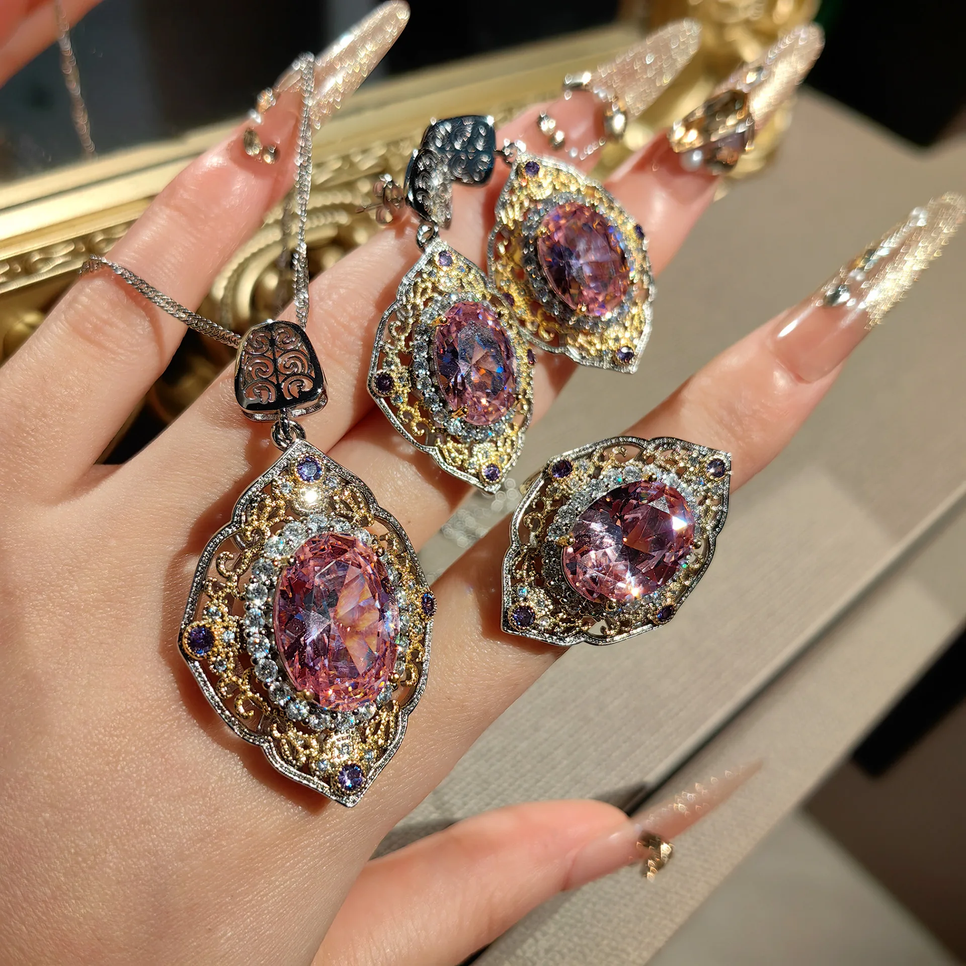 925 Sterling Silver Jewelry Set Ring Earrings Necklace Gold Hollow Craft Pink Diamond Blue Treasure Pendant