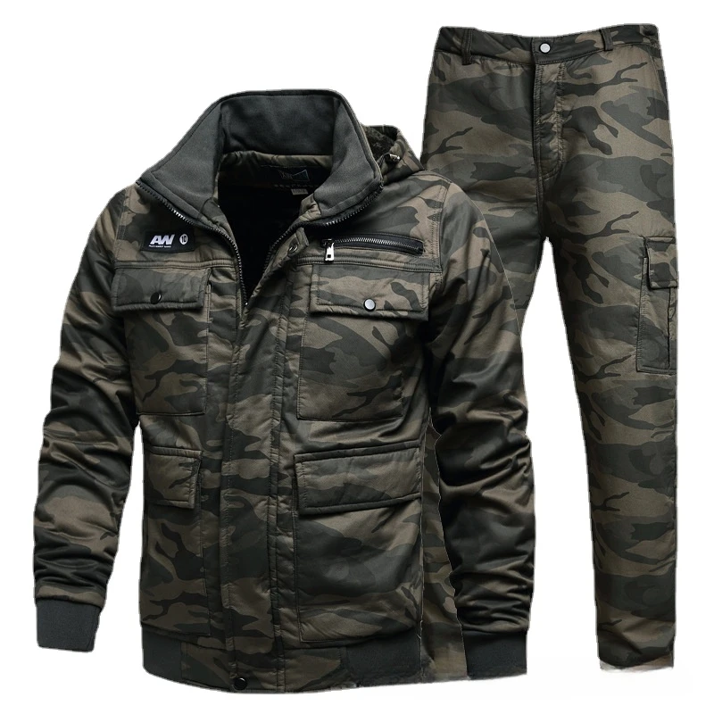 Multi Pocket Thicken Tactical Camo Set Mens Outdoor Wear-resistant Warm Training Suit Windproof Combat Hooded Working Clothes