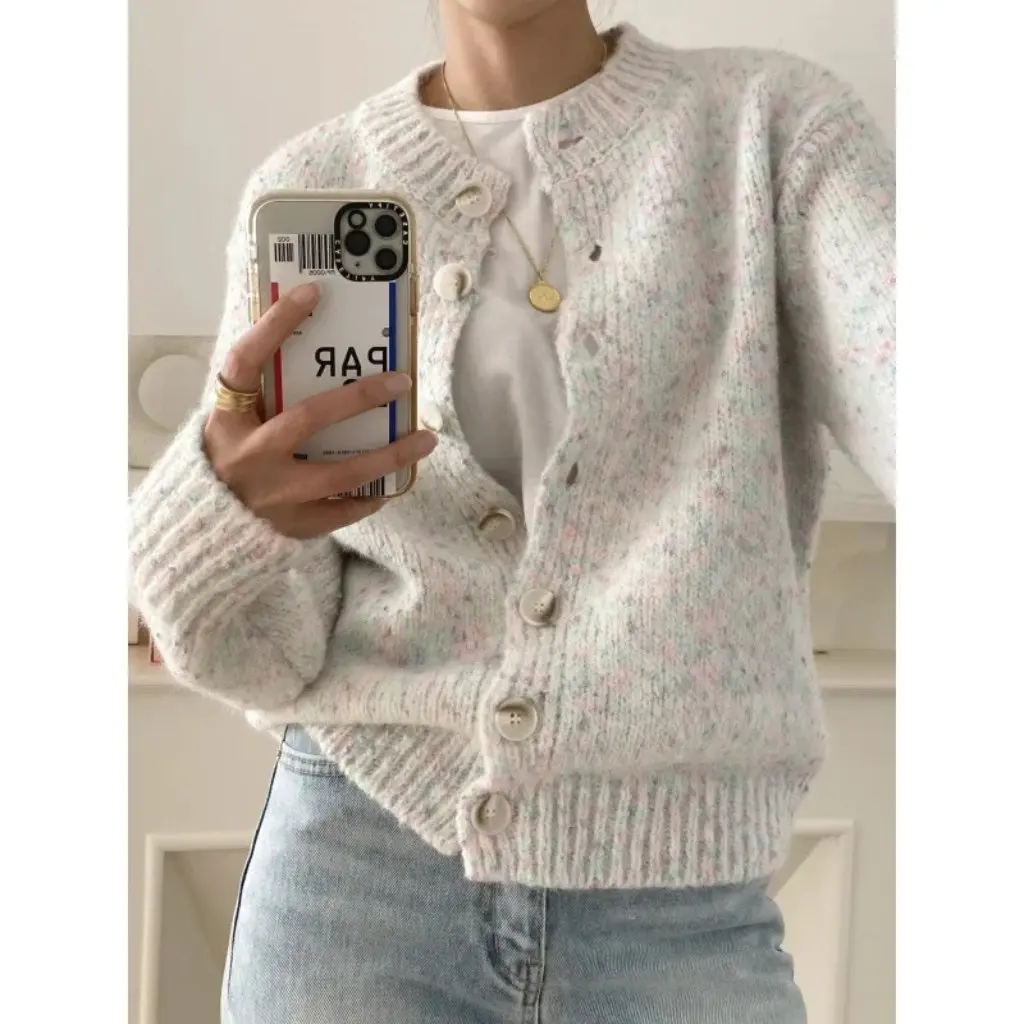 

Autumn Winter Mixed Color Dot Knitted Cardigan Sweater Jacket New Age-reducing Women's Fashion Top