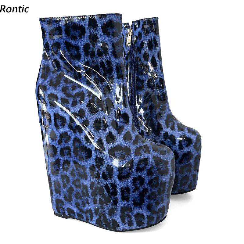 

Rontic/Новые женские зимние ботильоны на платформе, лакированные ботинки на танкетке, высокие каблуки с круглым носком, синие леопардовые туфли для косплея, размер США 5-15