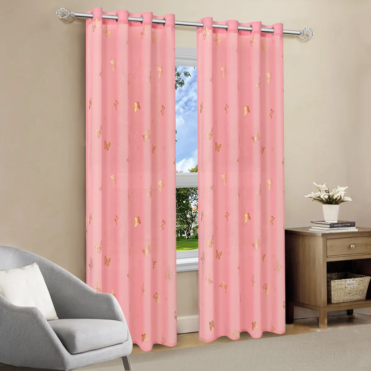 Curtain Pink Butterfly Sheer Window Curtains for Girl Bedroom Soft Grommet Top Drape Living Room Decor Kawaii 2 Panels 95 Inches
