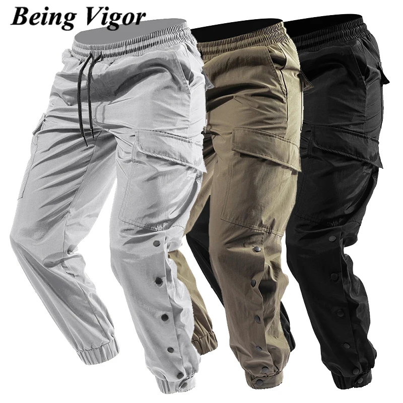 

Being Vigor Multi Pocket Tactical Cargo Pants Side Split Button Joggers Hip Hop Skateboard Track Pant Parachute Pants Streetwear