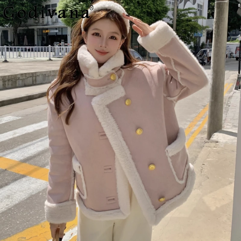 

2025 Winter New Korean Plus Size Fleece Thickened Pink Coat Sweet Women Long Sleeves Loose Fashion Versatile Cute Princess Top